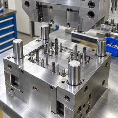 Four return pins installed at the corners of an injection mold
