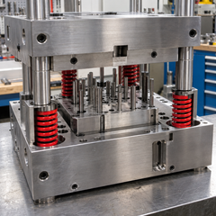 Red rectangular-wire die springs installed in a mold assembly