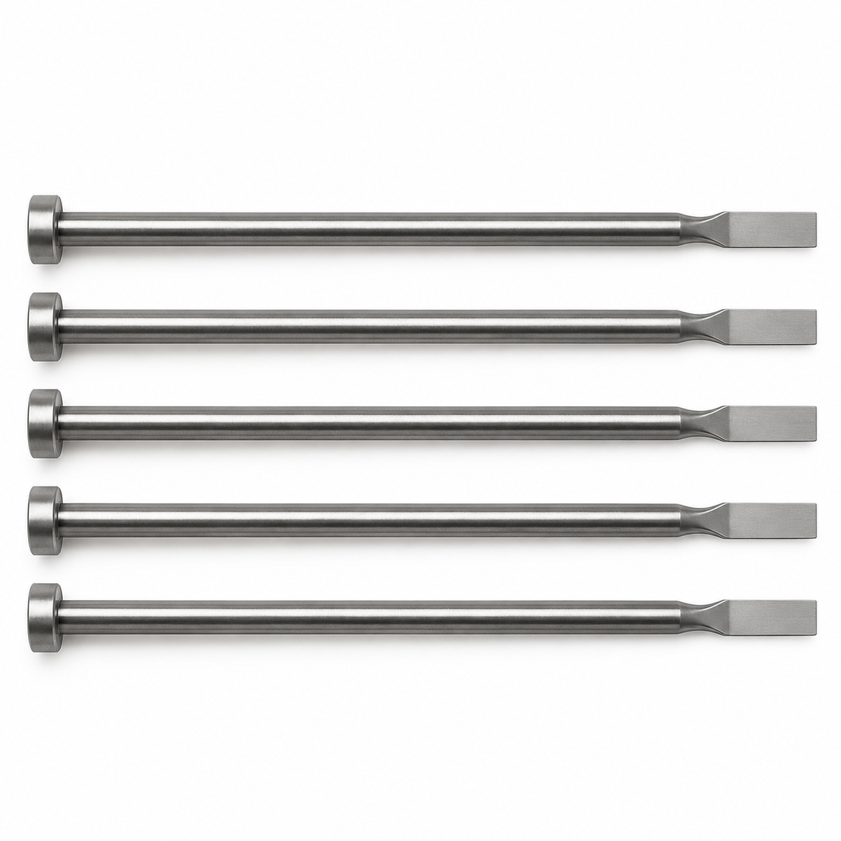 Full-length top view of five blade ejector pins