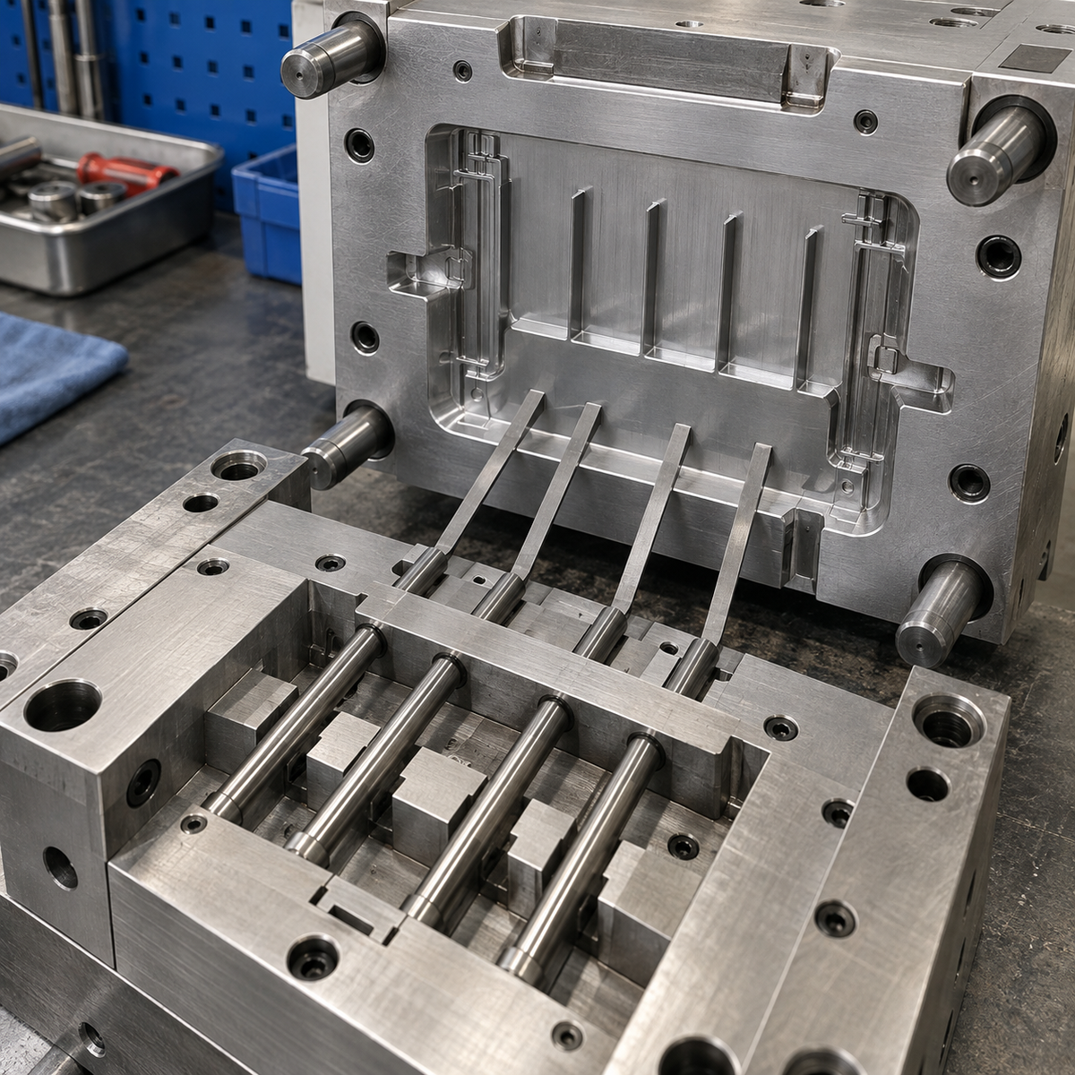 Blade ejector pins installed for narrow injection-mold ribs