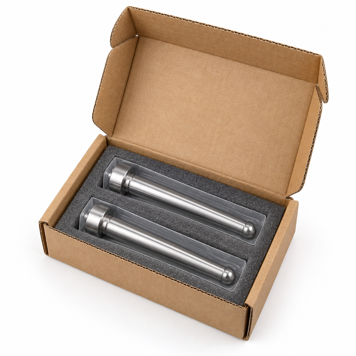 Two precision angle pins in protective shipping packaging