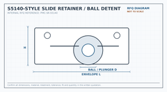 S5140-style slide retainer and ball detent RFQ engineering diagram showing envelope size and ball or plunger diameter