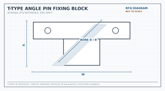 T-type angle pin fixing block RFQ engineering diagram showing block width, height, bore diameter and angle
