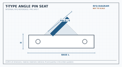 T-type angle pin seat RFQ engineering diagram showing base length, height, pin diameter and angle