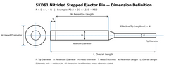 SKD61 nitrided stepped ejector pin dimension diagram showing P D H T L and N