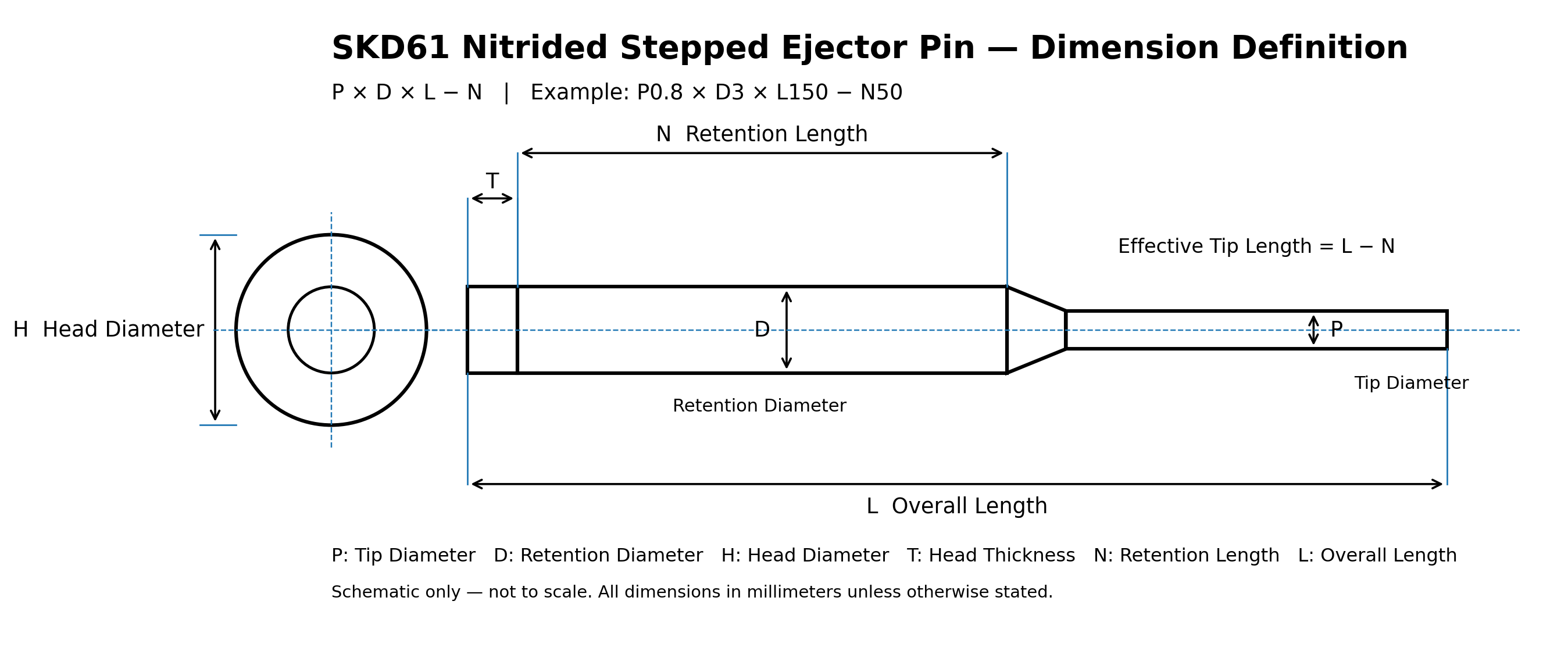 SKD61 nitrided stepped ejector pin dimension diagram showing P D H T L and N
