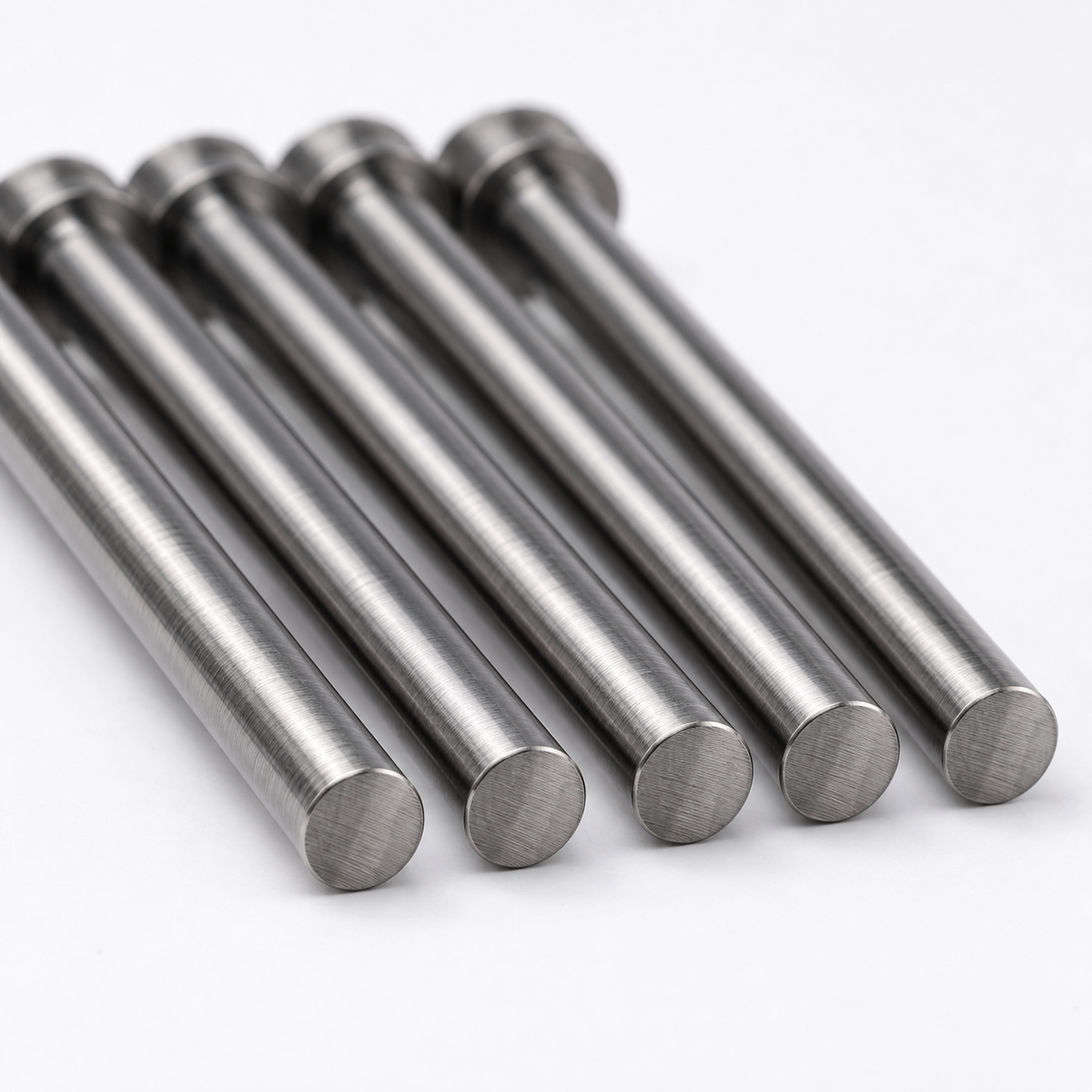 Close-up of flat working ends and ground shafts of hardened ejector pins